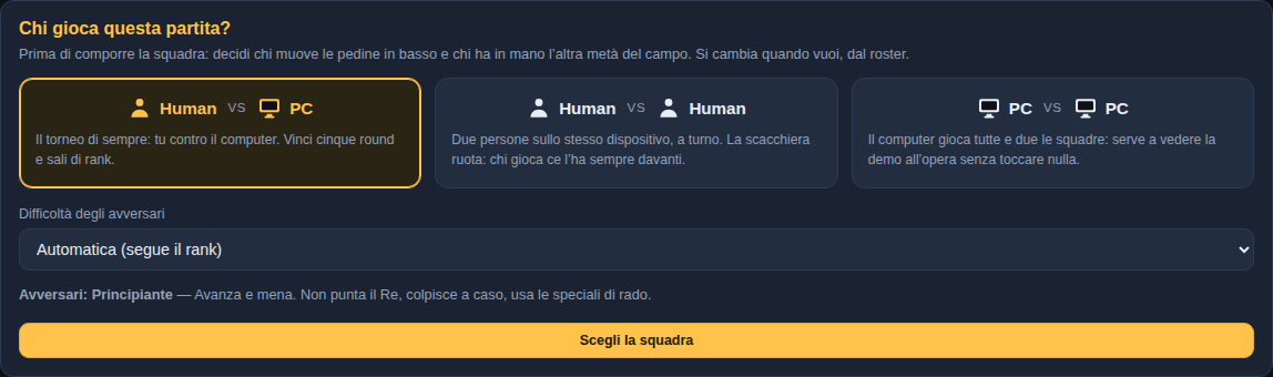 Schermata di scelta: tre carte affiancate, Human contro PC, Human contro Human e PC contro PC, ognuna con le icone di chi gioca, e sotto il selettore della difficoltà.